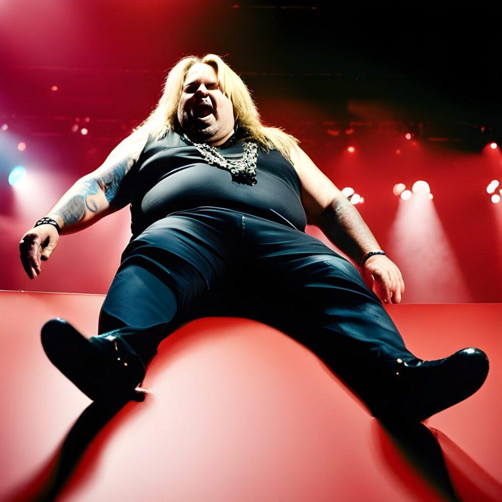 Morbidly Obese Vince Neil falling on the stage realistic photo of, award winning photograph, 50mm