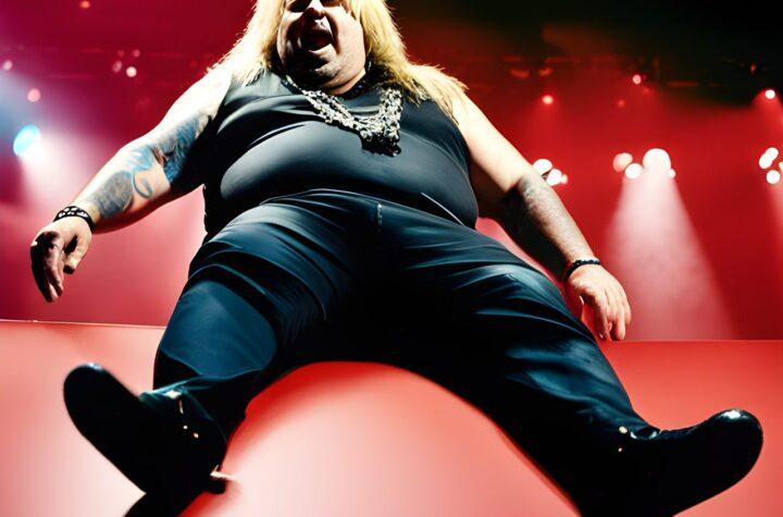 Morbidly Obese Vince Neil falling on the stage realistic photo of, award winning photograph, 50mm